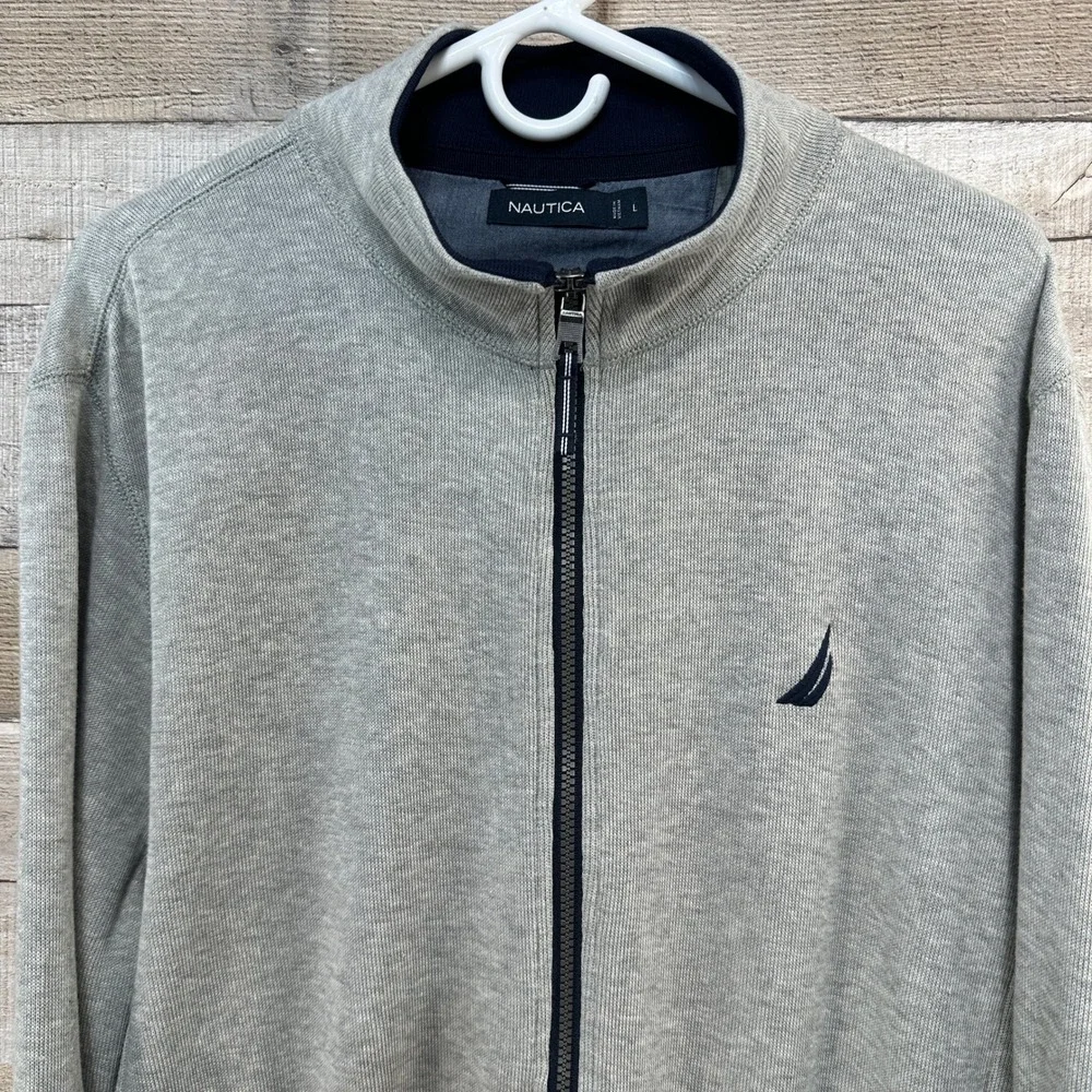 Nautica Mens Grey w/ Navy Full Zip Mock‎ Neck Knit Jacket Navy Accent Logo Large